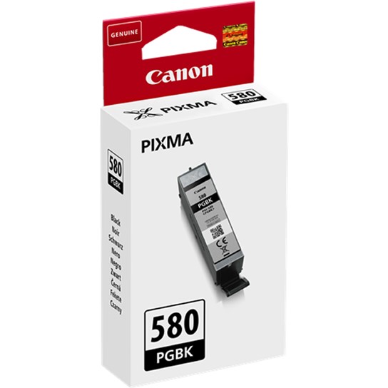 Cartucho de tinta Canon PIXMA 580 preto em embalagem branca e vermelha