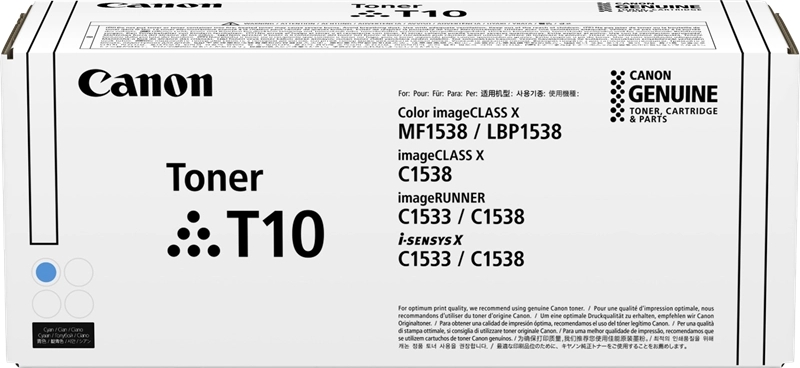 Caixa branca de toner Canon T10 com texto em preto e selo Canon Genuine.