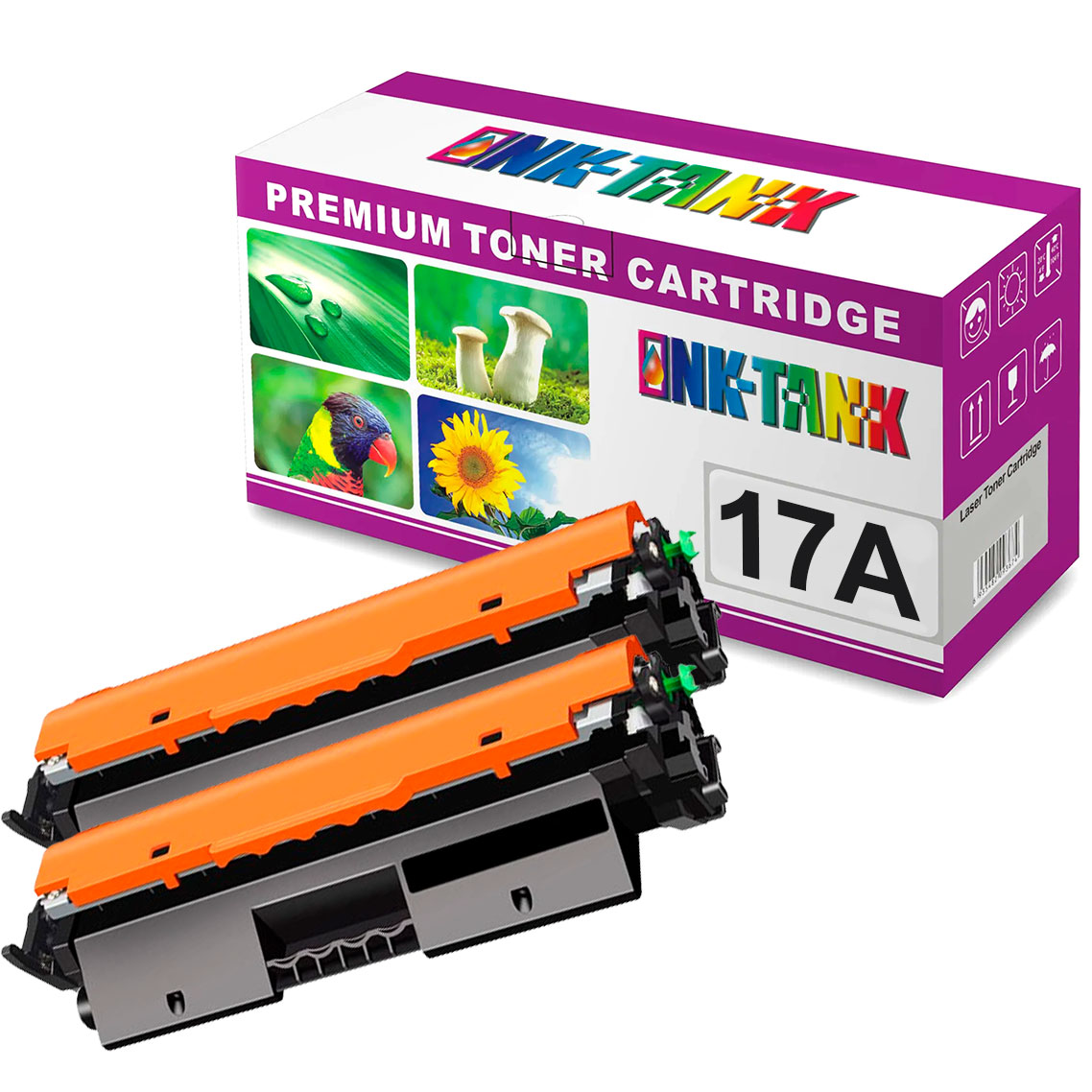 Cartucho de toner 17A com embalagem em branco e roxo