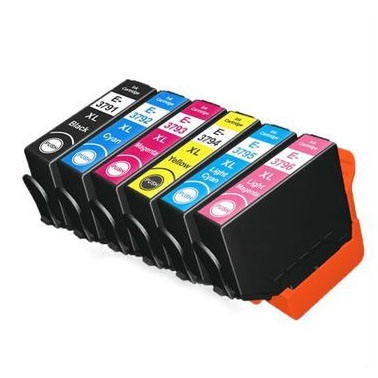 Conjunto de 6 tinteiros de impressora coloridos com etiquetas e números distintos