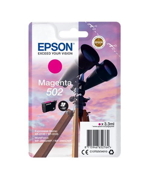 Embalagem de tinta Epson Magenta 502 com imagem de binóculos ao pôr do sol