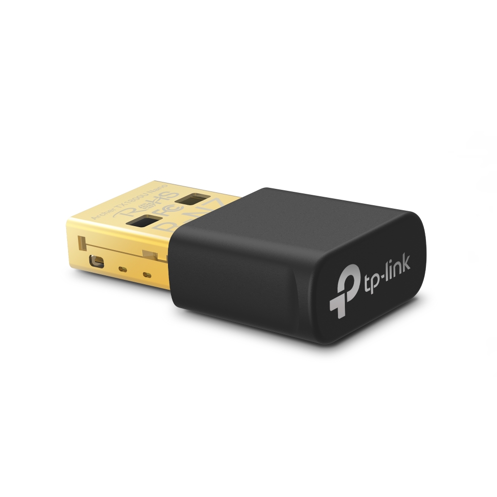 Adaptador USB pequeno preto com conector dourado e logo tp-link.