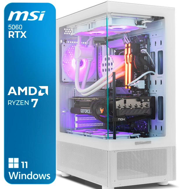 Computador de secretária branco com iluminação RGB e janela de vidro