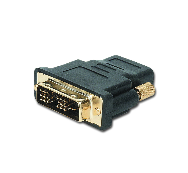 Adaptador conector DVI macho para fêmea preto e dourado sobre fundo branco