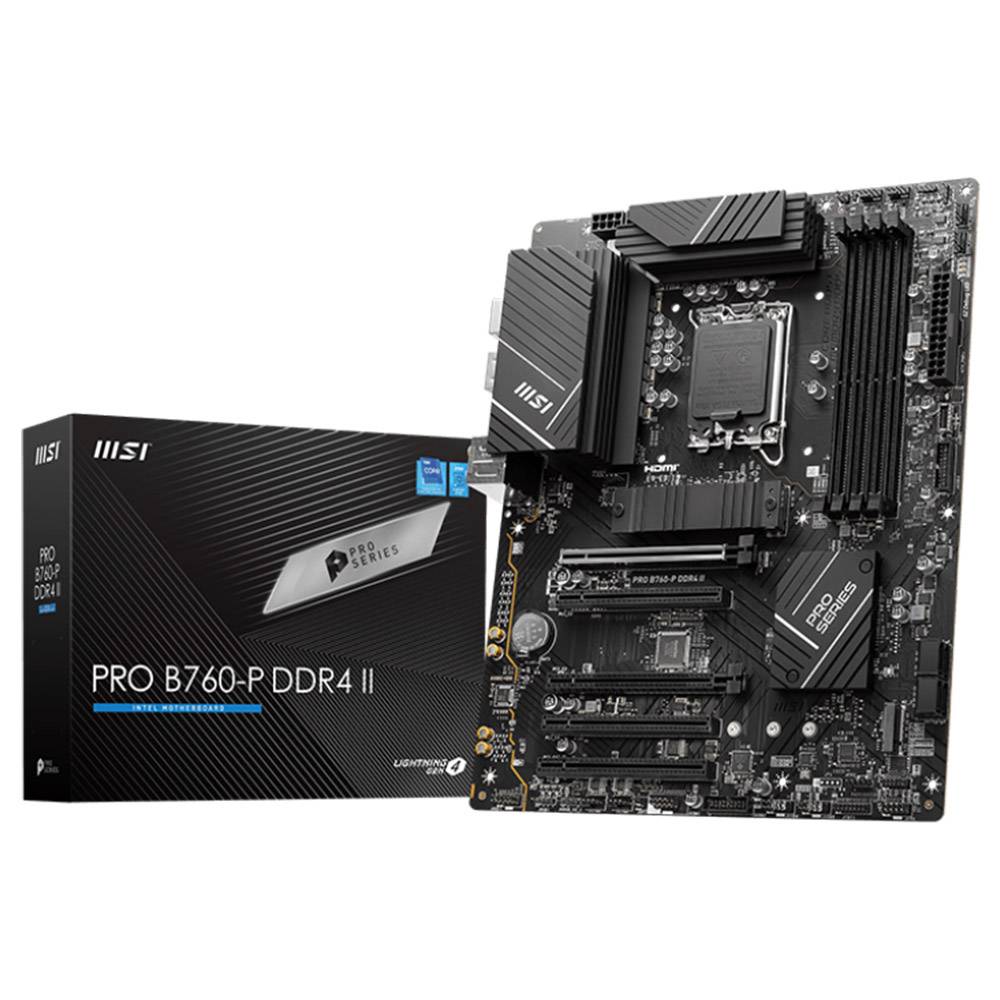 Placa mãe MSI PRO B760-P DDR4 II com caixa preta com texto e logos