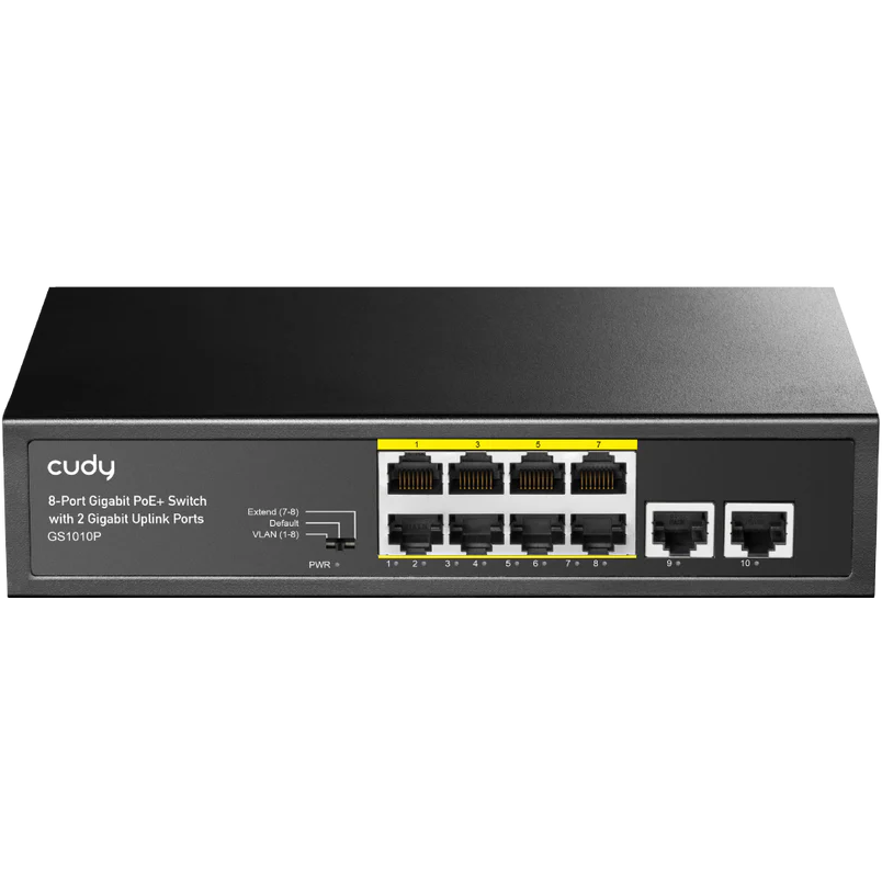 Switch de rede cudy GS1010P preto com 8 portas Gigabit PoE+ e 2 portas Gigabit Uplink.