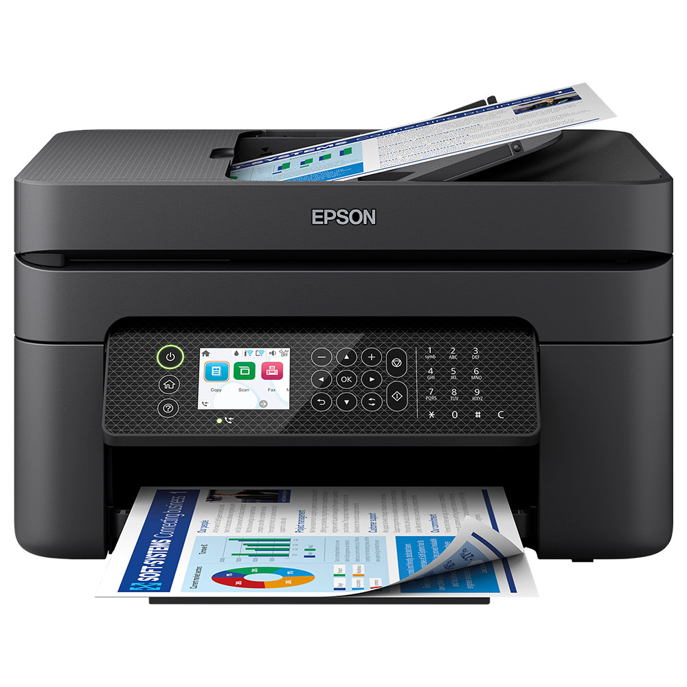Impressora Epson multifuncional preta com documentos coloridos a serem digitalizados e impressos