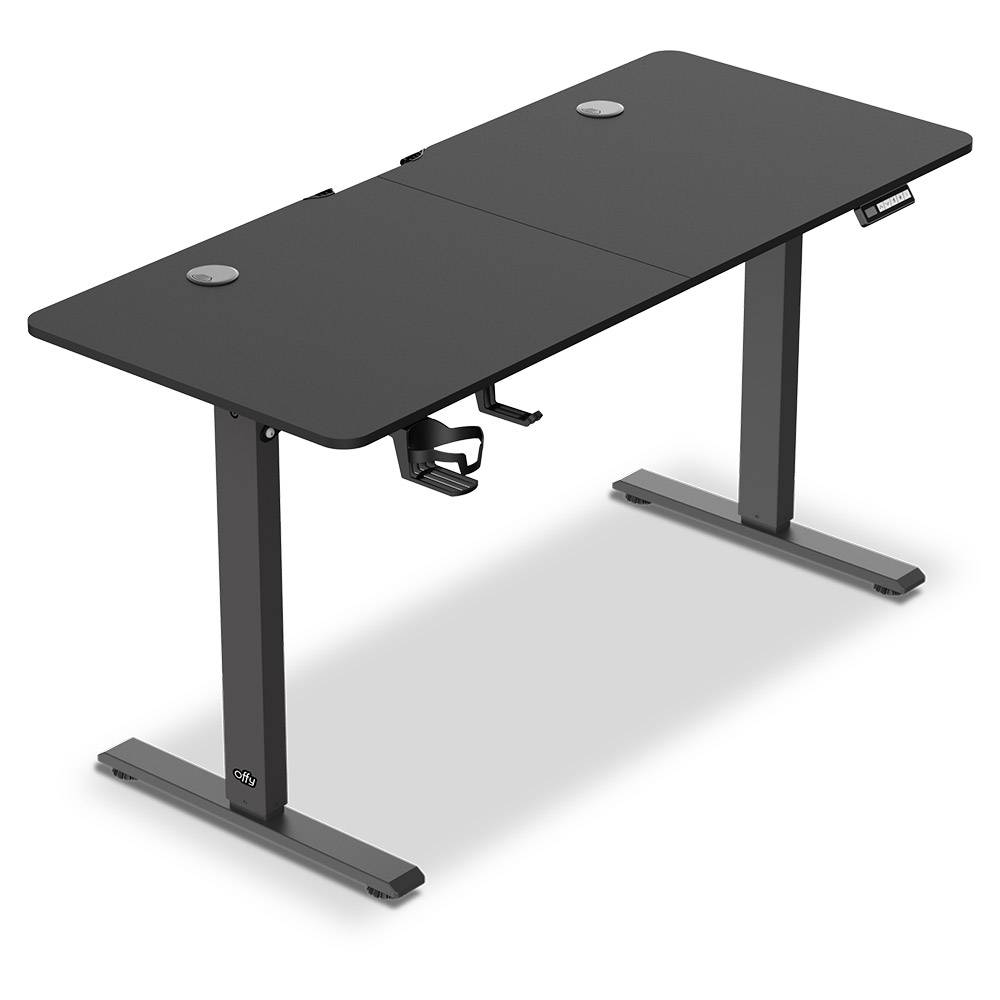 Secretária eletricamente ajustável preta com estrutura metálica cinza escuro e controlo eletrônico lateral