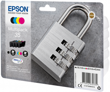 Embalagem com cadeado metálico prateado e texto Epson Multipack 35