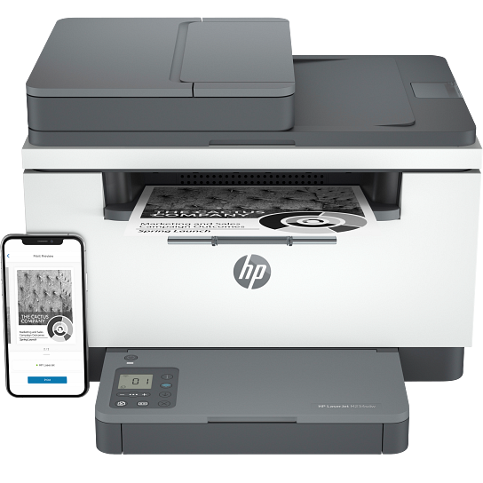 Impressora multifunções HP LaserJet M232sdw a imprimir com telemóvel ao lado