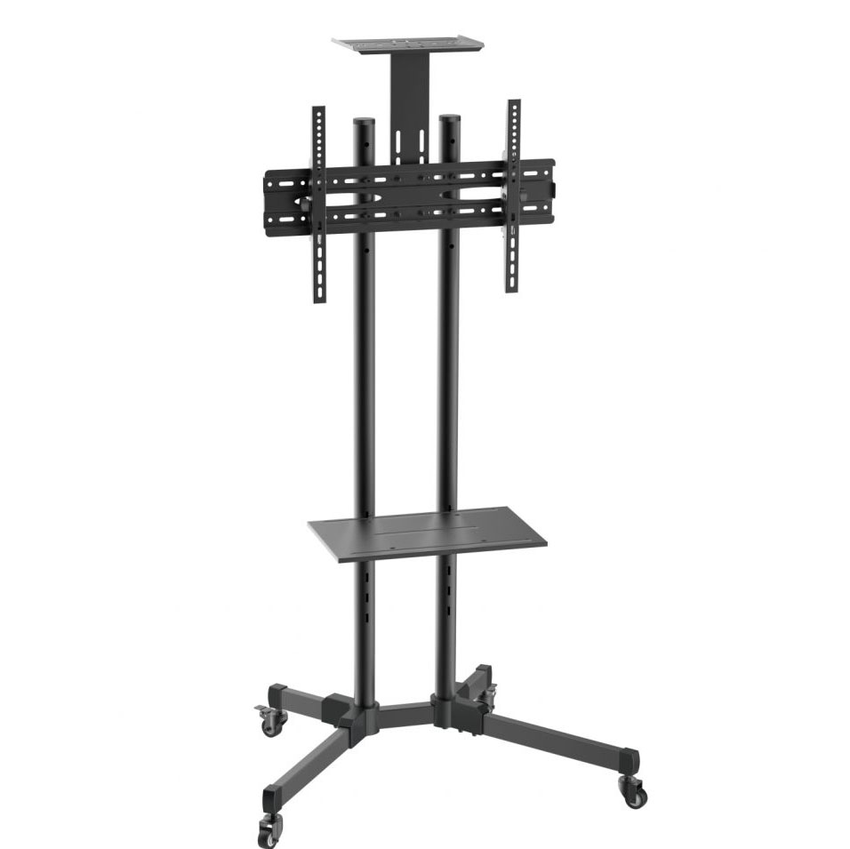 Suporte de TV móvel preto com rodas e prateleira para equipamentos
