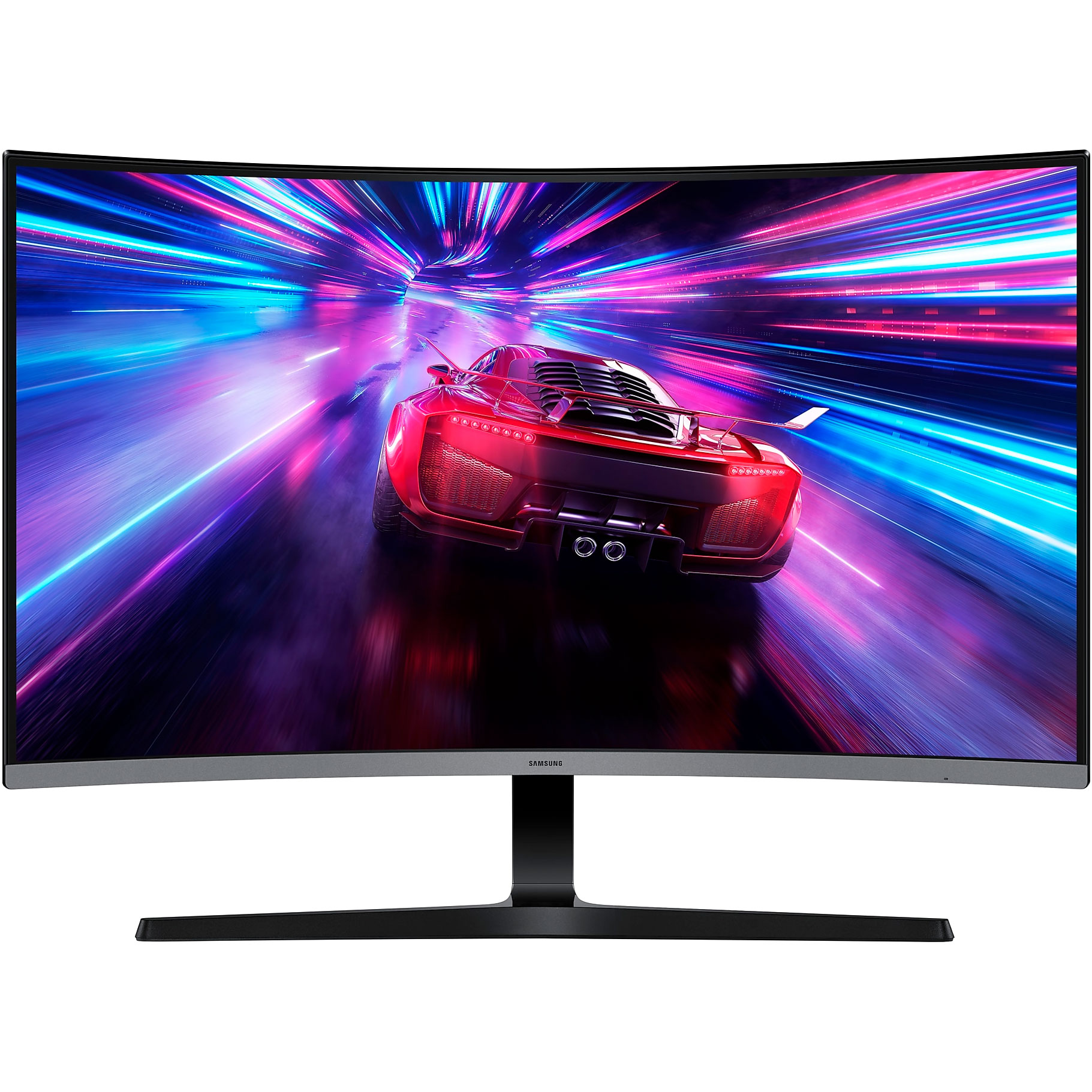 Monitor curvo Samsung a mostrar imagem de carro desportivo vermelho num túnel iluminado
