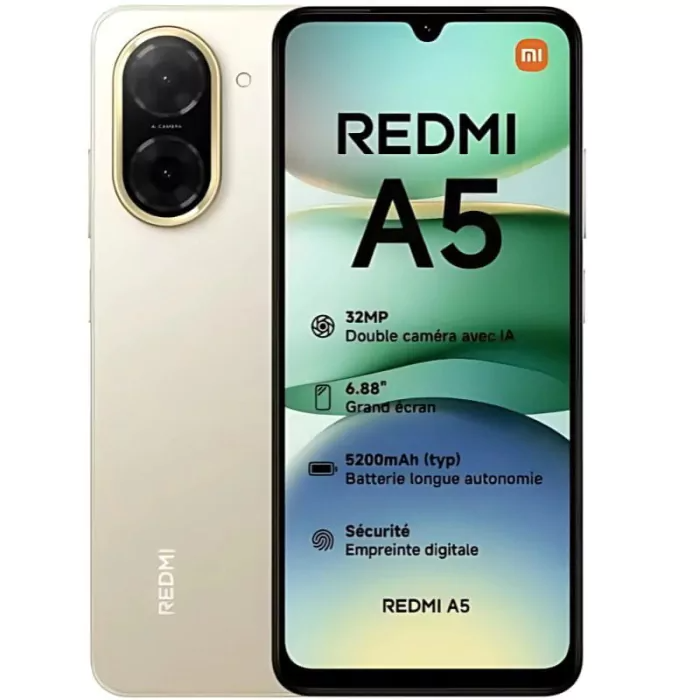 Smartphone Redmi A5 dourado com câmara dupla grande e ecrã frontal com texto informativo.