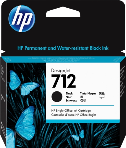 Embalagem de cartucho de tinta preta HP DesignJet 712 com borboletas azuis