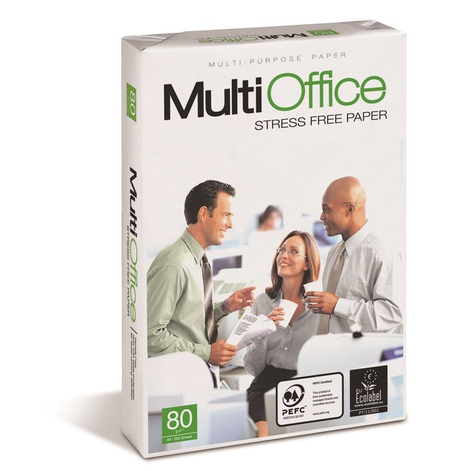 Pacote de papel branco MultiOffice A4 stress free com selo PEFC e ecolabel.