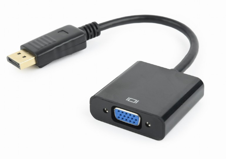 Adaptador de cabo HDMI para VGA preto com conetor dourado e porta azul