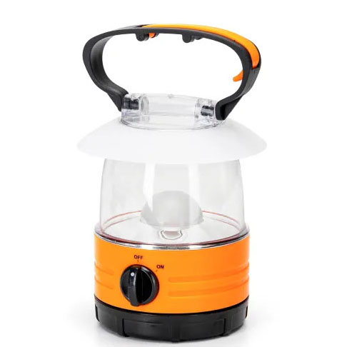 Lanterna portátil de campismo em plástico laranja, preto e transparente