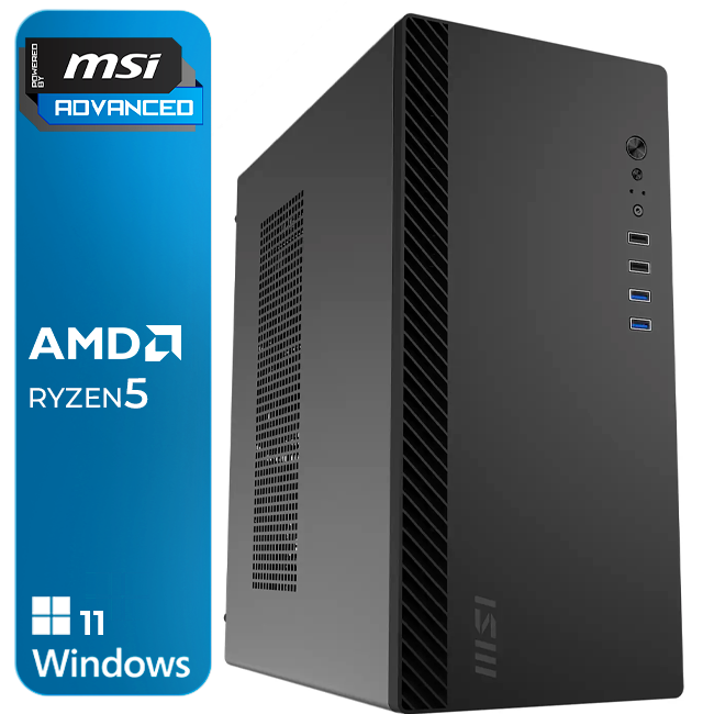 Computador desktop MSI preto com selo AMD Ryzen 5 e Windows 11