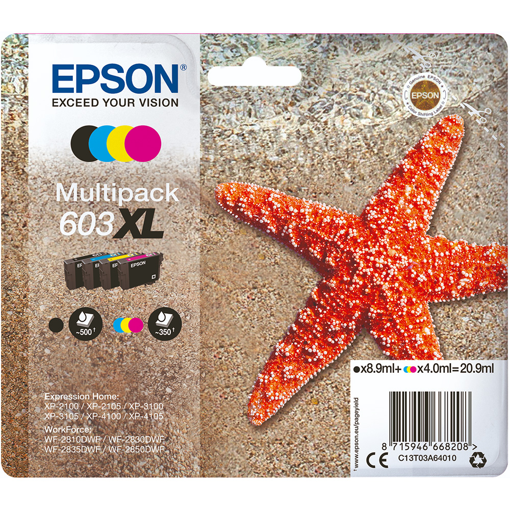 Embalagem de multipack de tinteiros Epson 603XL com estrela-do-mar vermelha em fundo de areia