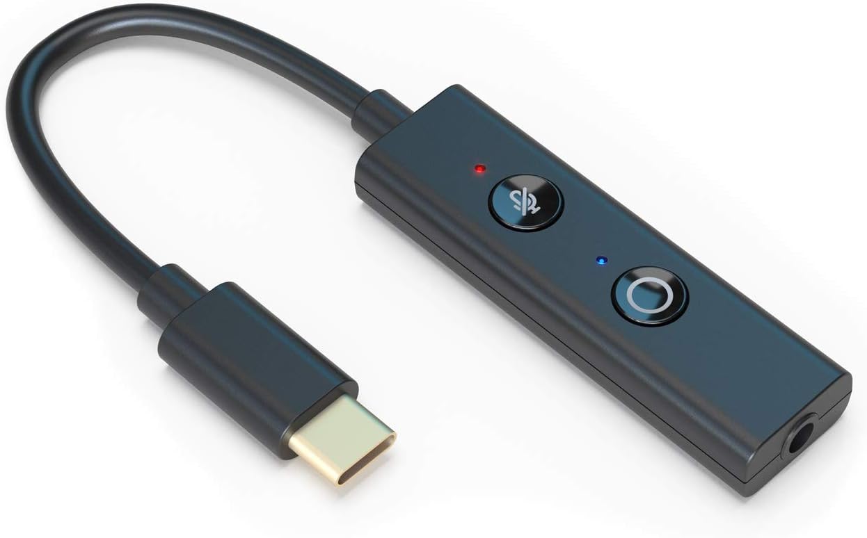 Adaptador preto USB-C com controlo e entrada de áudio 3,5 mm