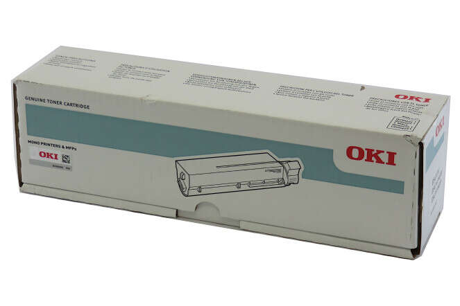 Embalagem de cartucho de toner OKI com ilustração e texto