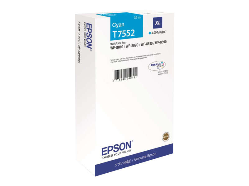 Embalagem branca de cartucho de tinta azul Epson T7552 XL