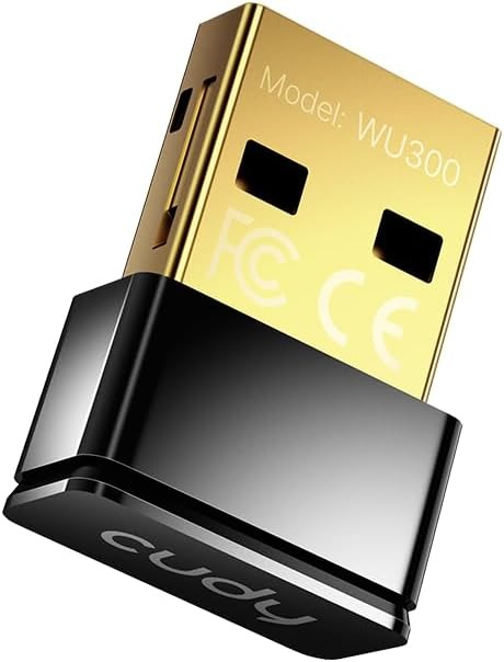 Adaptador USB sem fios preto com conector dourado e texto técnico