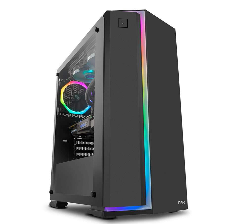 Computador de secretária preto com iluminação RGB e placa gráfica NVIDIA