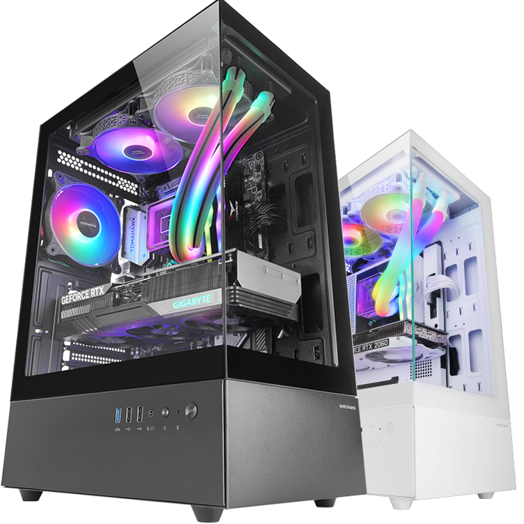 Dois computadores desktop modernos com iluminação RGB, caixas em vidro temperado preto e branco