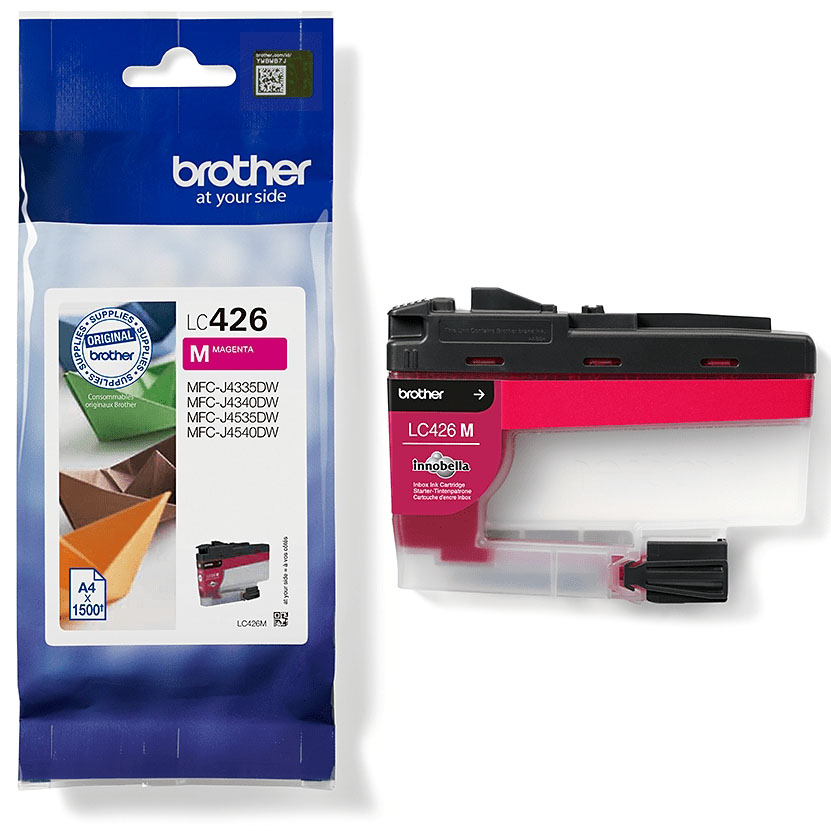 Cartucho de tinta Brother LC426 M magenta com embalagem e texto