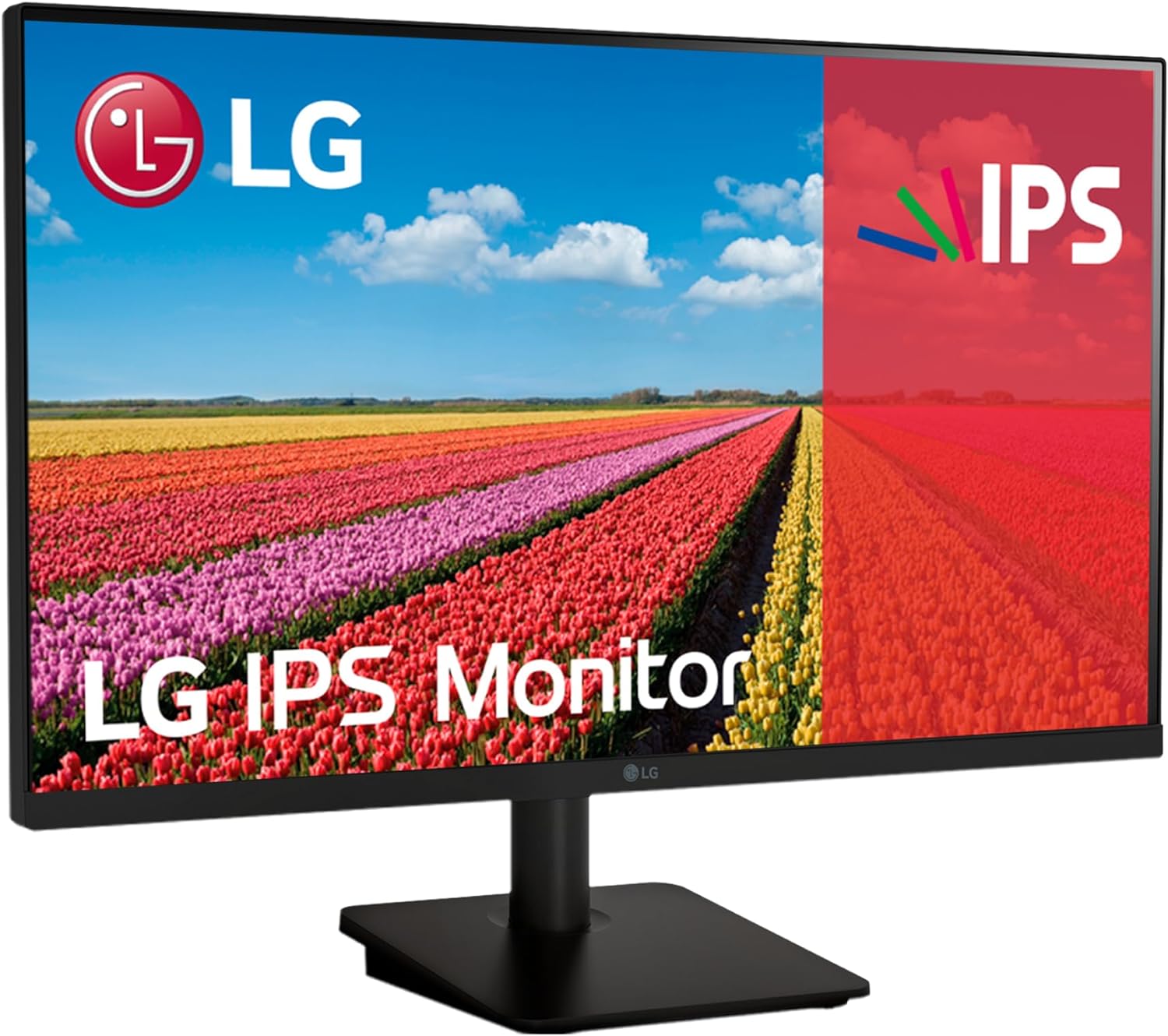 Monitor LG IPS com imagem de campos de flores coloridas.