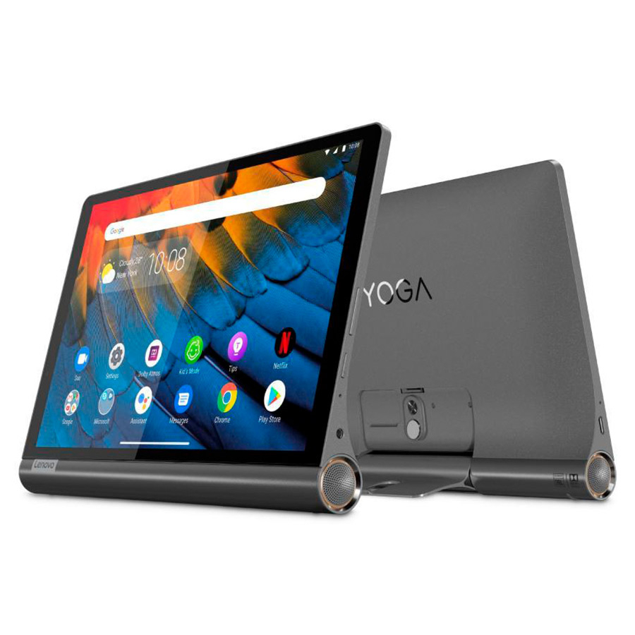 Tablet Lenovo Yoga cinza com ecrã colorido e suporte integrado