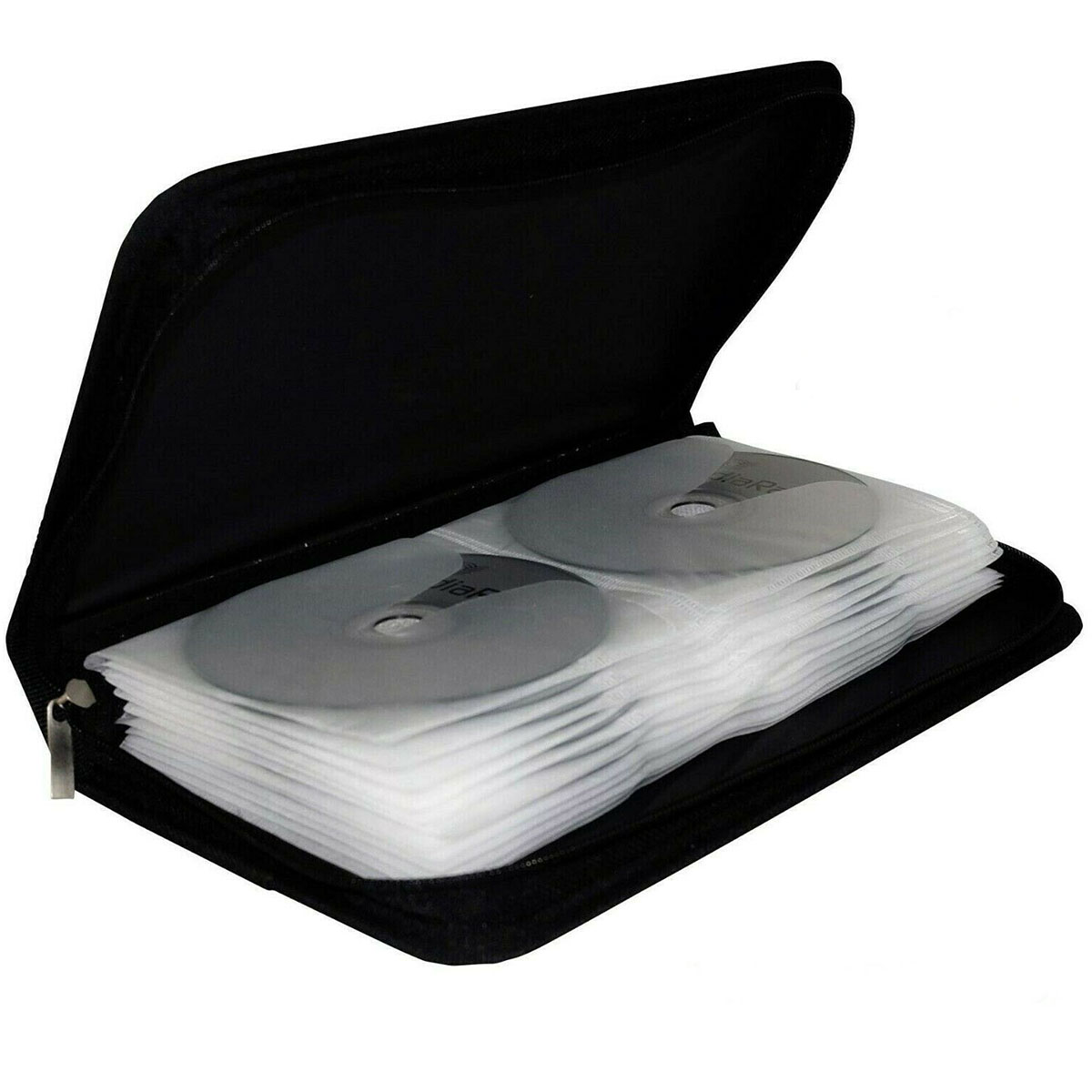 Estojo preto aberto com capas plásticas e CDs