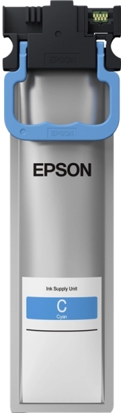 Cartucho de tinta Epson ciano com pega azul e etiqueta