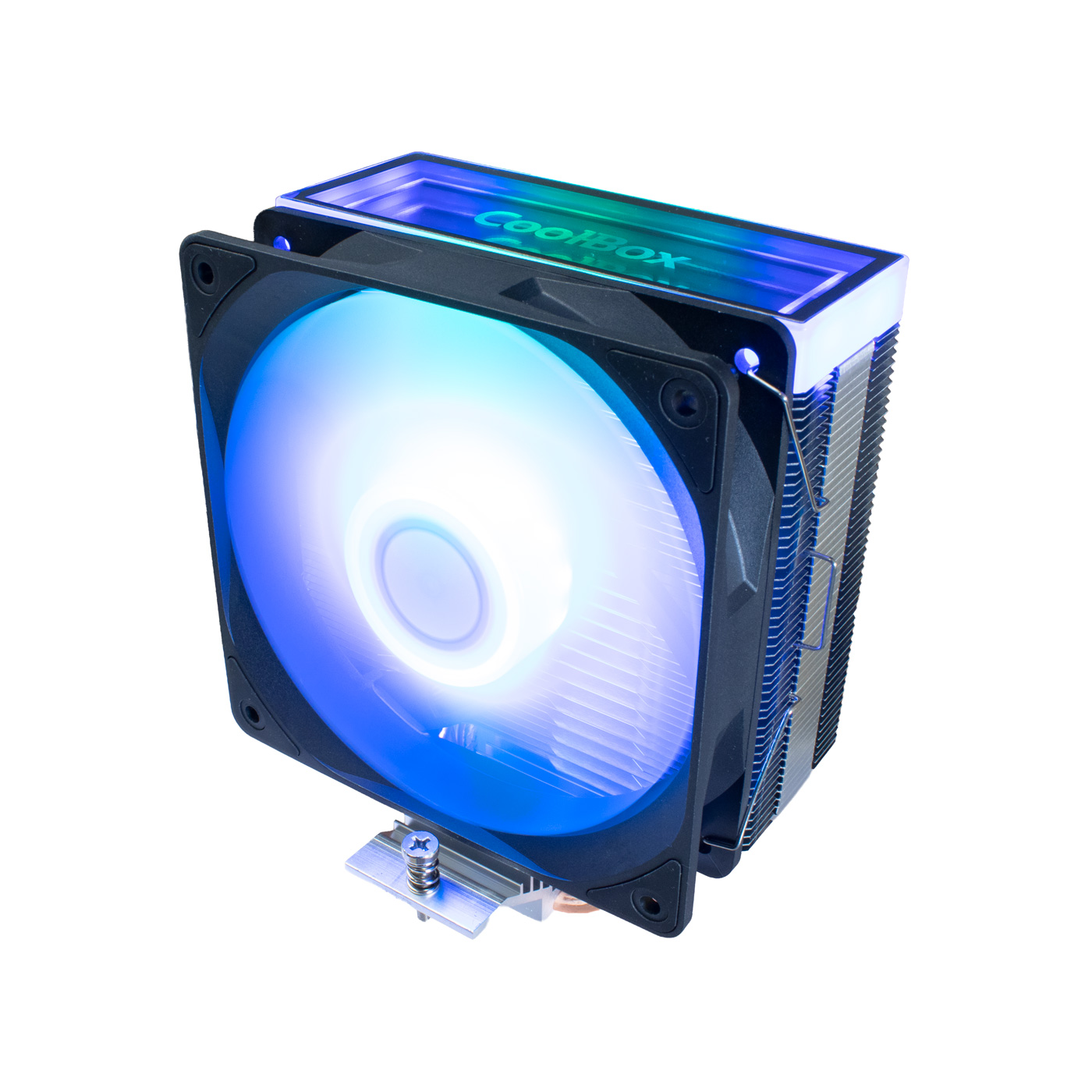 Cooler de CPU com ventoinha azul e estrutura metálica