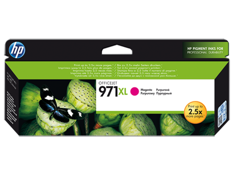 Cartucho de tinta HP Officejet 971XL magenta em embalagem preta e verde com folhas e borboleta