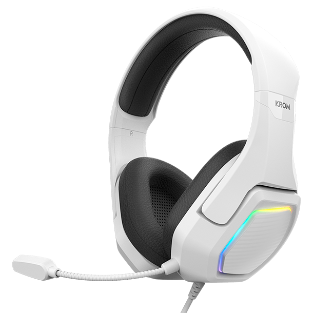 Auriculares over-ear brancos com microfone e luzes LED coloridas