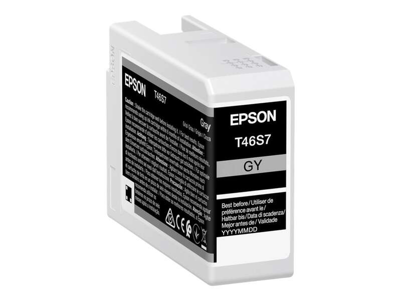 Cartucho de tinta Epson T46S7 cinzento com etiqueta preta e corpo branco