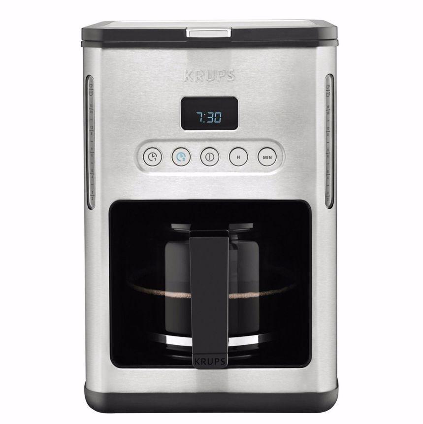 Máquina de café elétrica KRUPS em aço inoxidável com visor digital azul e jarra de vidro