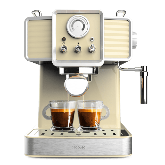 Máquina de café espresso bege com dois copos de vidro a receber café