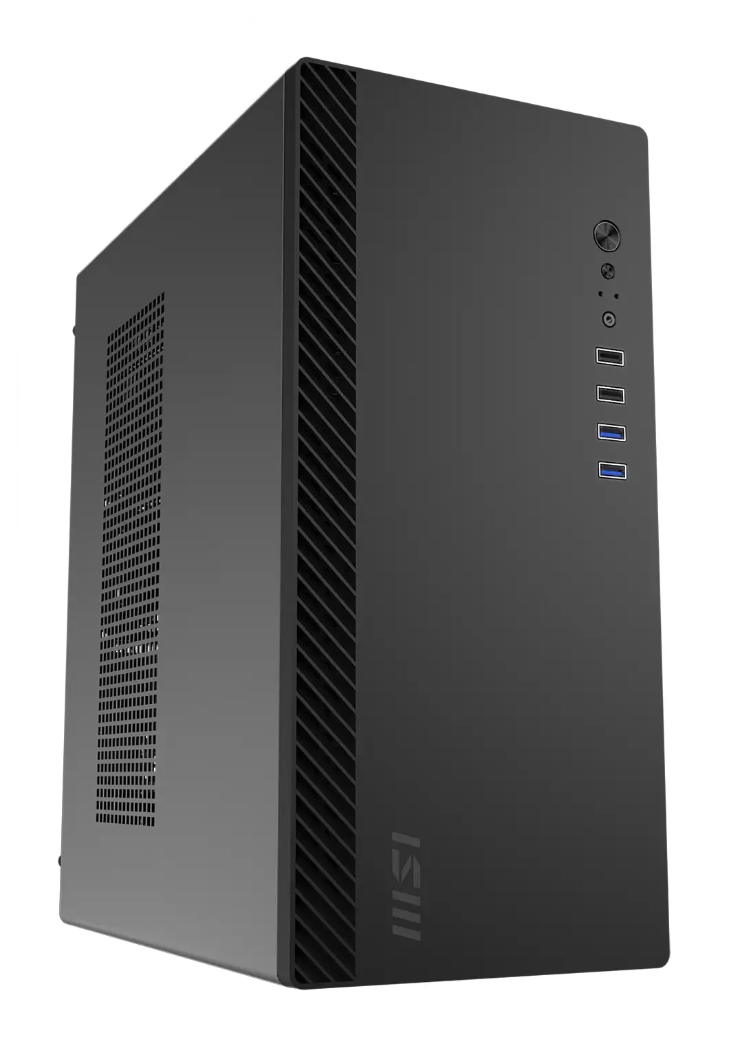 Caixa de computador preta da MSI com entradas USB frontais e ventilações laterais
