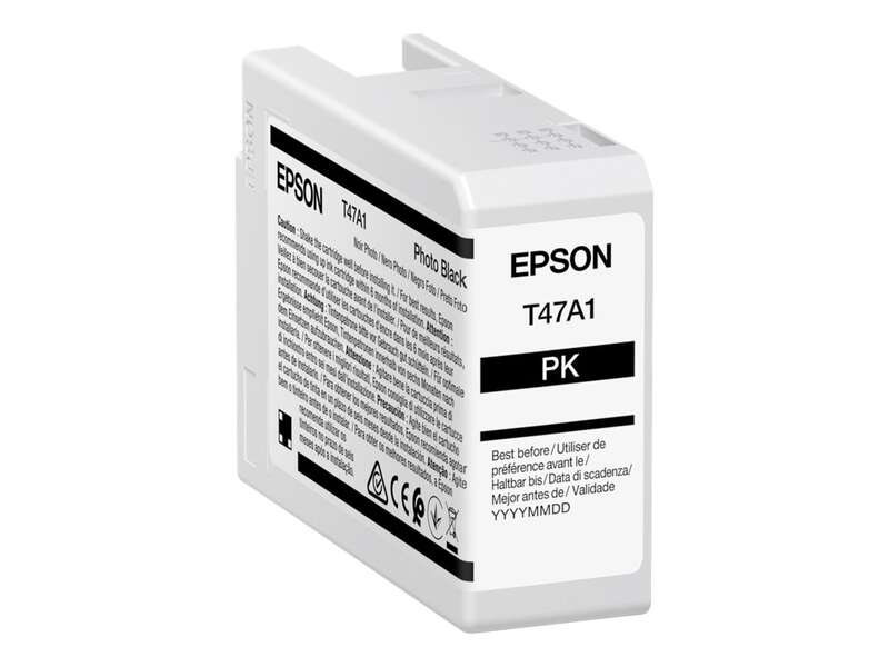 Cartucho de tinta preto fotográfico Epson T47A1 PK branco com textos e símbolos