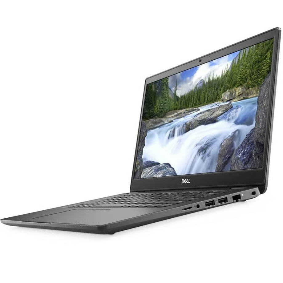 Computador portátil Dell preto com ecrã aberto a mostrar cascata e floresta