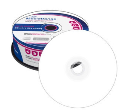 Rolo de CD MediaRange com texto técnico, incluindo 80min 700MB 52x speed.