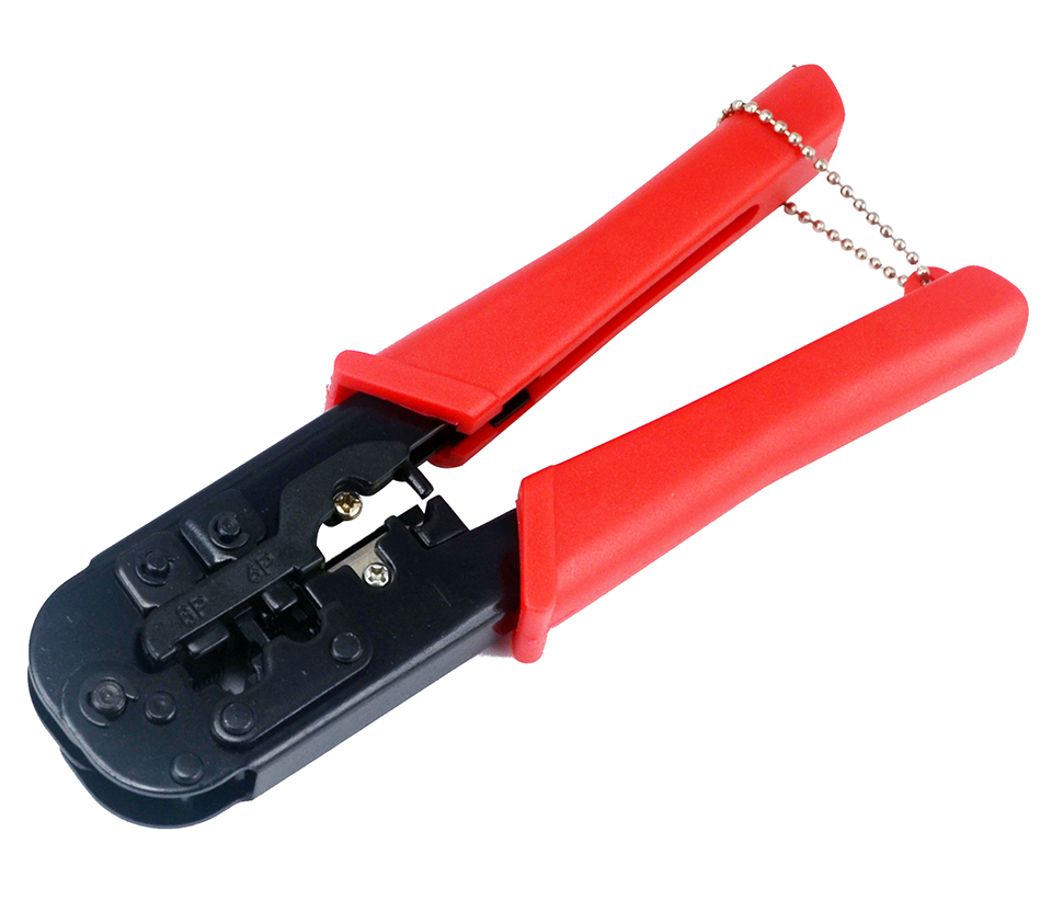 Alicate crimpador com cabos vermelhos e parte metálica preta
