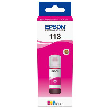Frasco de tinta Epson 113 branco e rosa em embalagem branca e rosa