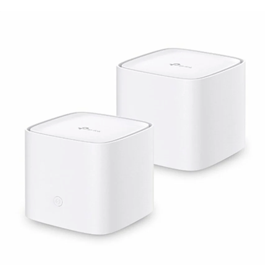 Dois dispositivos Wi-Fi brancos em forma de cubo com o logotipo TP-Link