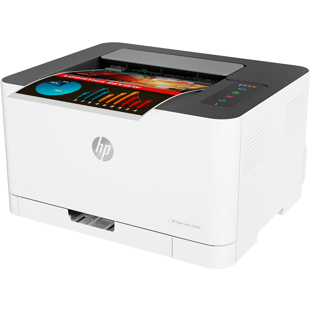 Impressora HP Color Laser 150nw a imprimir documento colorido com gráficos