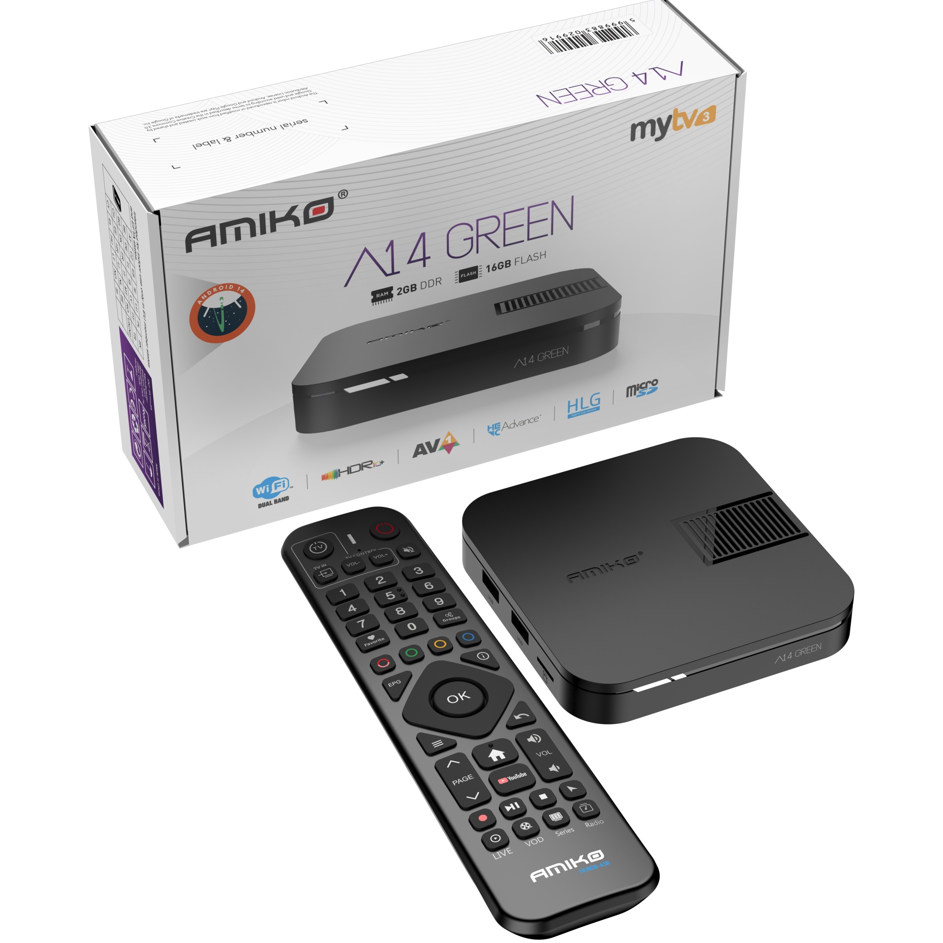 Receptor de TV Amiko A14 Green preto com comando à distância e caixa branca de produto.
