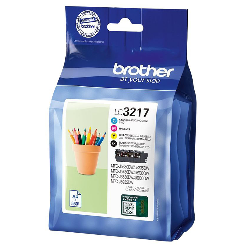 Embalagem azul de tinta Brother LC3217 para impressora com indicação de cores e modelos compatíveis